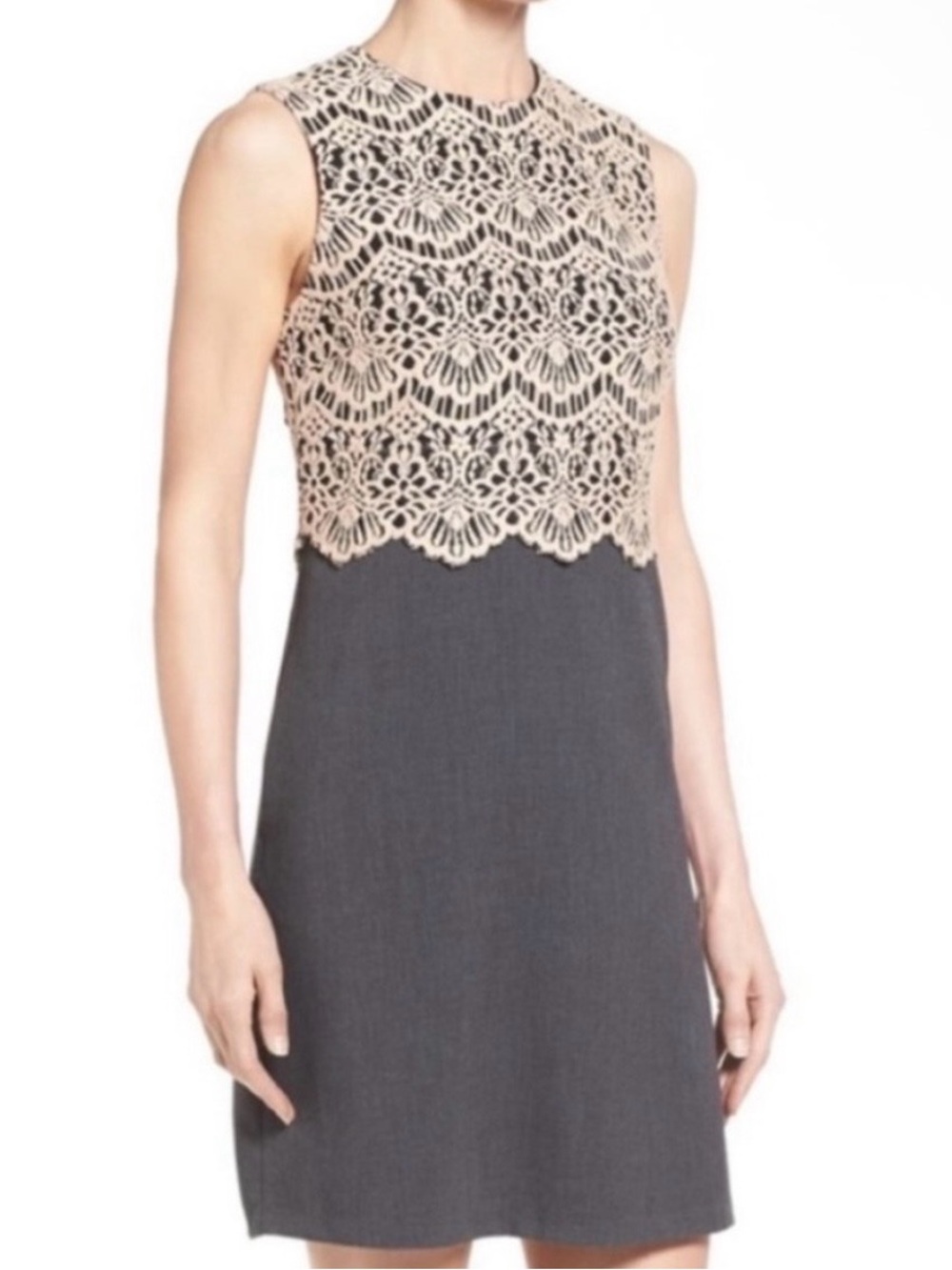 Halogen Sleeveless Charcoal Dress with Blush Pink Lace Overlay